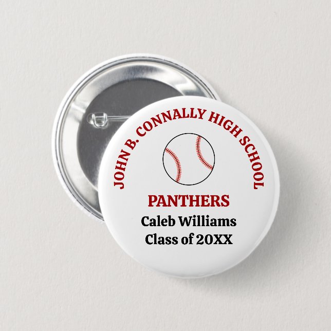 Red High School Baseball Player Personalized 2 Inch Round Button (Front & Back)