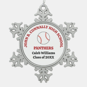 Red High School Baseball Player Personalized Snowflake Pewter Christmas Ornament