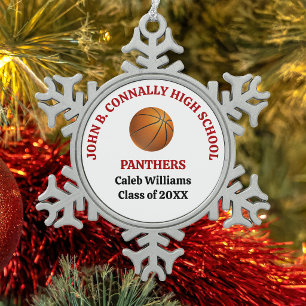 Red High School Basketball Player Personalized Snowflake Pewter Christmas Ornament