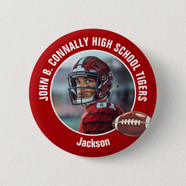 Red High School Football Player Photo 2 Inch Round Button (Front)