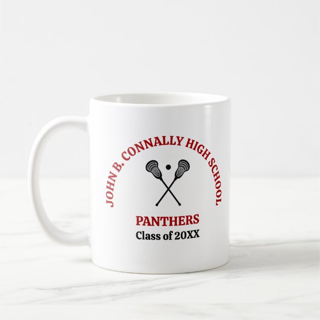 Red High School Lacrosse Team Personalized Coffee Mug (Left)