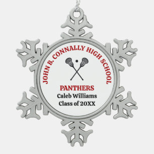 Red High School Lacrosse Team Personalized Snowflake Pewter Christmas Ornament