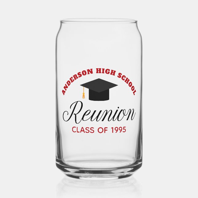 Red High School Reunion Party Custom Alumni Can Glass (Front)