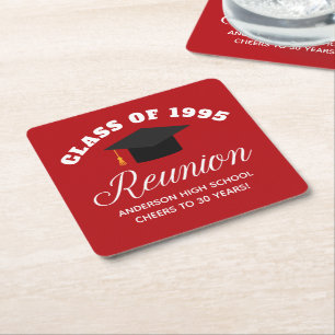 Red High School Reunion Personalized Party Square Paper Coaster