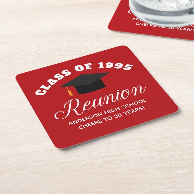 Red High School Reunion Personalized Party Square Paper Coaster (Angled)