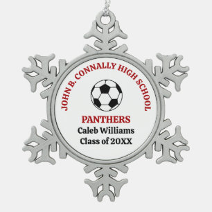Red High School Soccer Team Personalized Snowflake Pewter Christmas Ornament