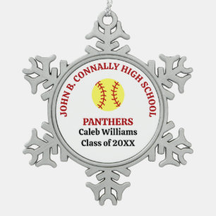 Red High School Softball Player Personalized Snowflake Pewter Christmas Ornament