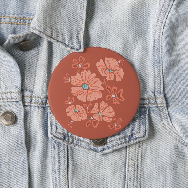 Red Hippie Abstract Flower Power 4 Inch Round Button (In Situ)