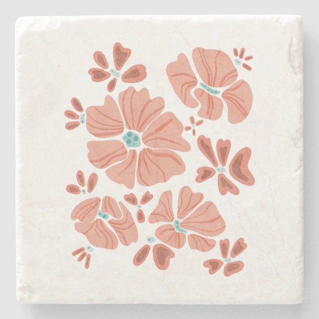 Red Hippie Abstract Flower Power Stone Coaster (Front)
