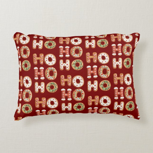 Red Ho Ho Ho Gingerbread Cookie Christmas Accent Pillow (Front)