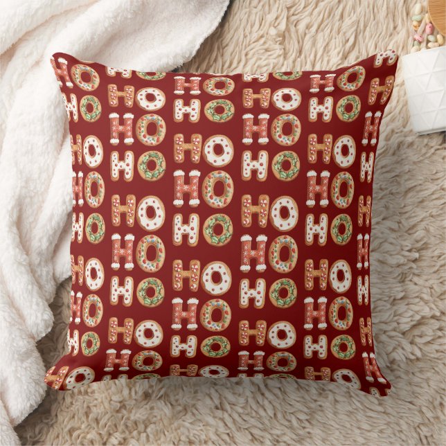 Red Ho Ho Ho Gingerbread Cookie Christmas Throw Pillow (Blanket)