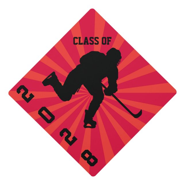 Red Hockey Black Silhouette Personalized Graduation Cap Topper (Front)