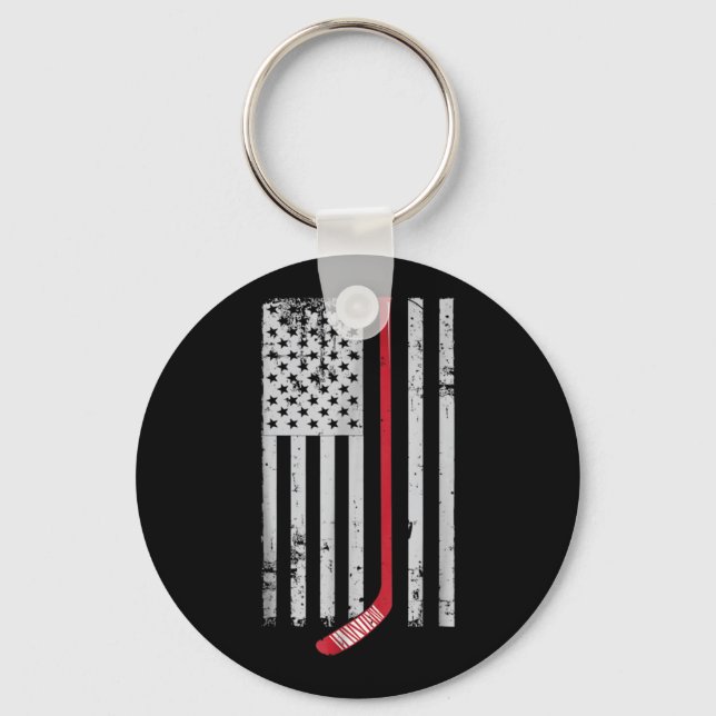 Red Hockey Stick American Flag USA Hockey Keychain (Front)