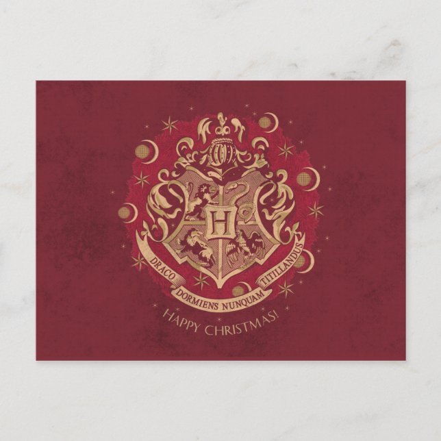 Red HOGWARTS™ Crest Holiday Wreath Postcard (Front)