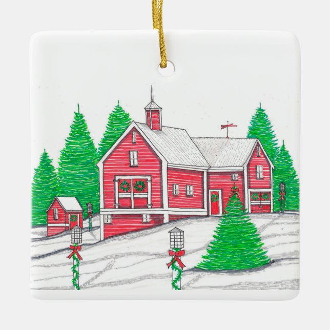 Red Holiday Barn Ornament (Front)