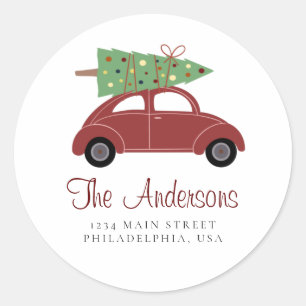 Red Holiday Car with Christmas Tree Address Classic Round Sticker