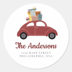 Red Holiday Car with Stack of Gifts Address Classic Round Sticker