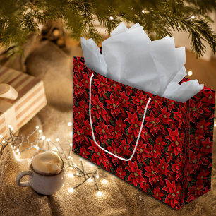 Red Holiday Christmas Poinsettia Pattern Large Gift Bag