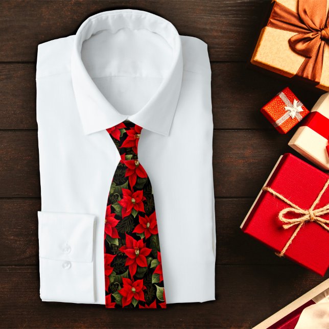 Red Holiday Christmas Poinsettia Pattern Tie (Creator Uploaded)