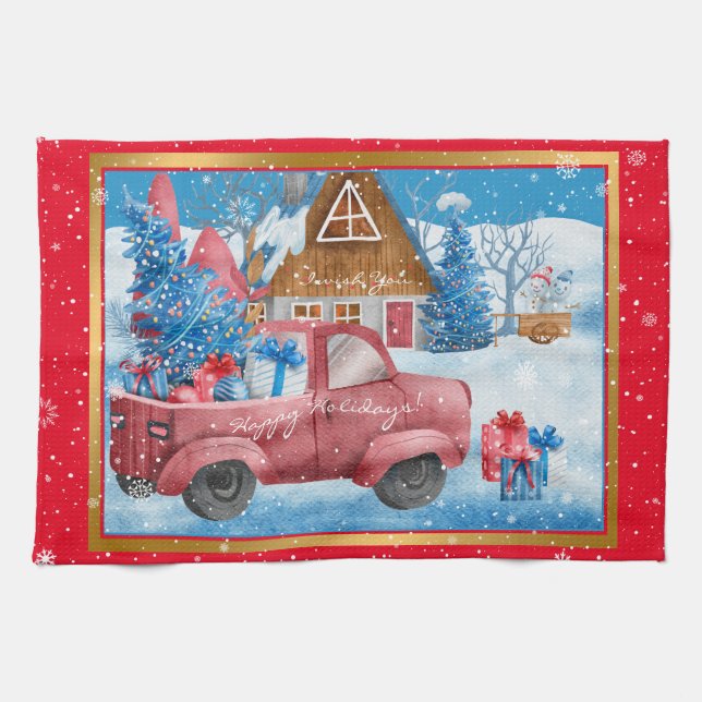 Red Holiday Christmas Truck Customize Kitchen Towel (Horizontal)