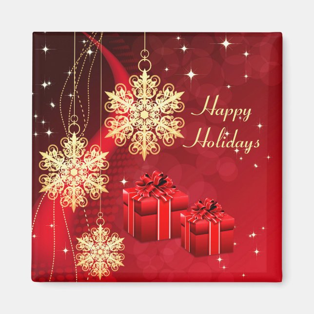 Red Holiday Gold Snowflakes Magnet de Noël (Devant)