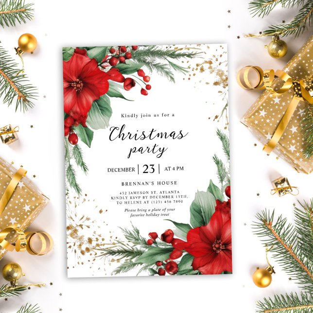 Red Holiday Greenery Christmas Party Invitation (Red Holiday Greenery Christmas Party Invitation)