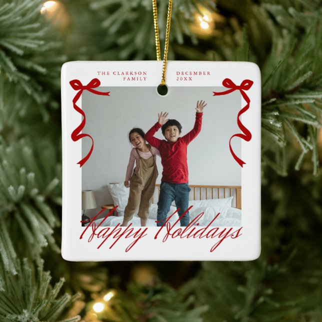 Red Holiday Hand Drawn Whimsical Bows Ceramic Ornament (Tree)