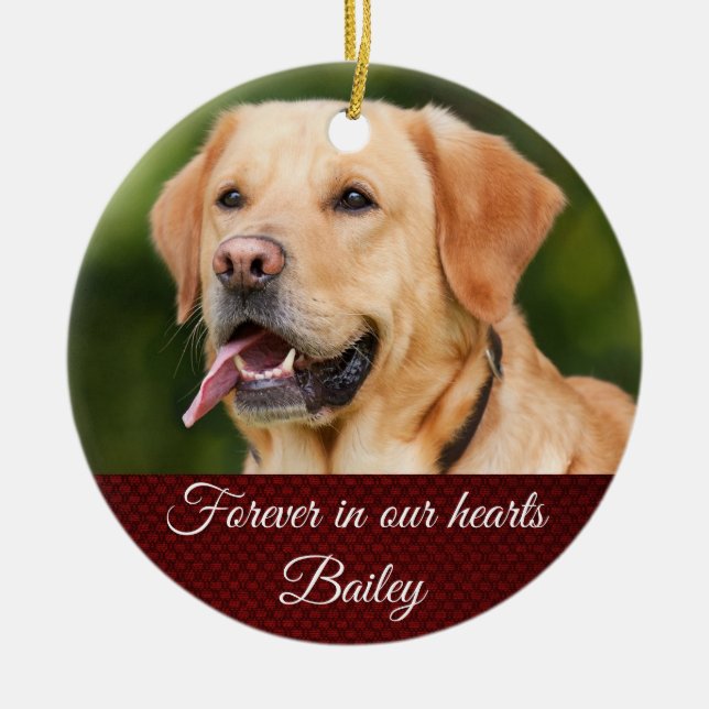 Red Holiday Memorial Pet Dog Customizable Ceramic Ornament (Front)