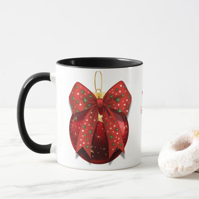 Red Holiday Ornament with Bow  Mug (With Donut)