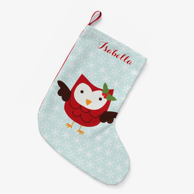 Red Holiday Owl Personalized Small Christmas Stocking (Front (Hanging))