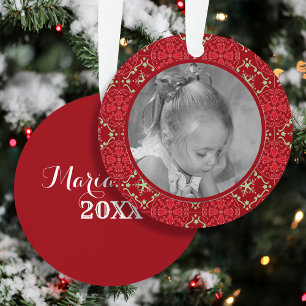 Red Holiday Pattern Kids Photo Personalized Metal Ornament