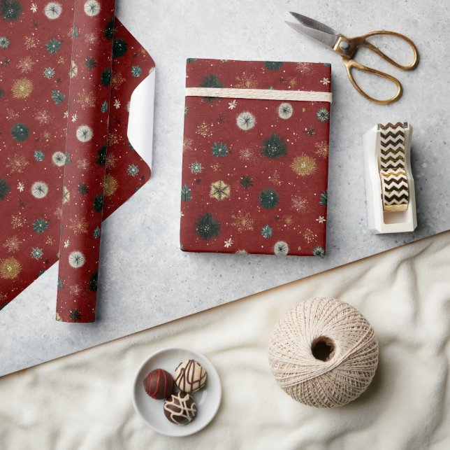 Red Holiday Pattern with Snowflakes Wrapping Paper (Crafts)
