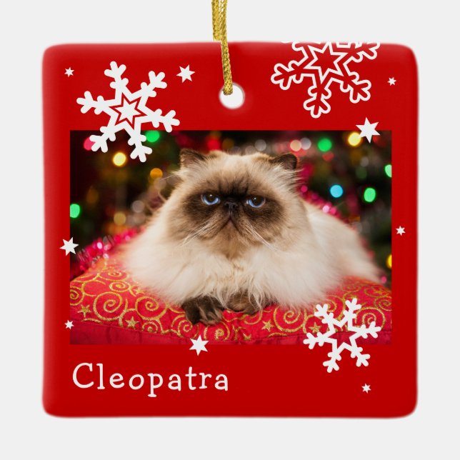 Red Holiday Pet Photo Snowflake Ceramic Ornament (Front)