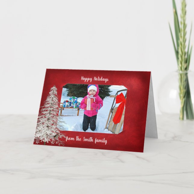 red holiday photo frame with white pine tree card (Front)