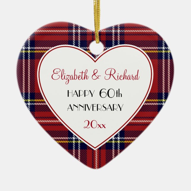 Red Holiday Plaid 60th or ANY Anniversary Ornament (Front)