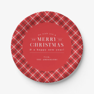 Red Holiday Plaid Christmas Paper Plate