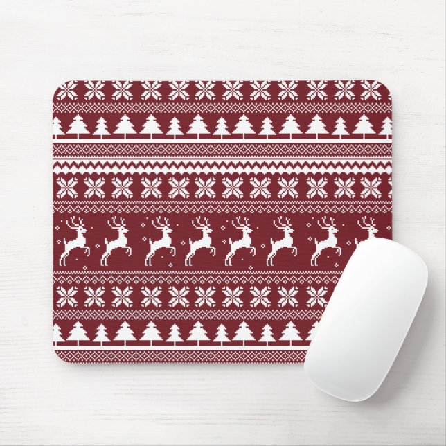 Red Holiday Reindeer Christmas Sweater Pattern Mouse Pad (With Mouse)