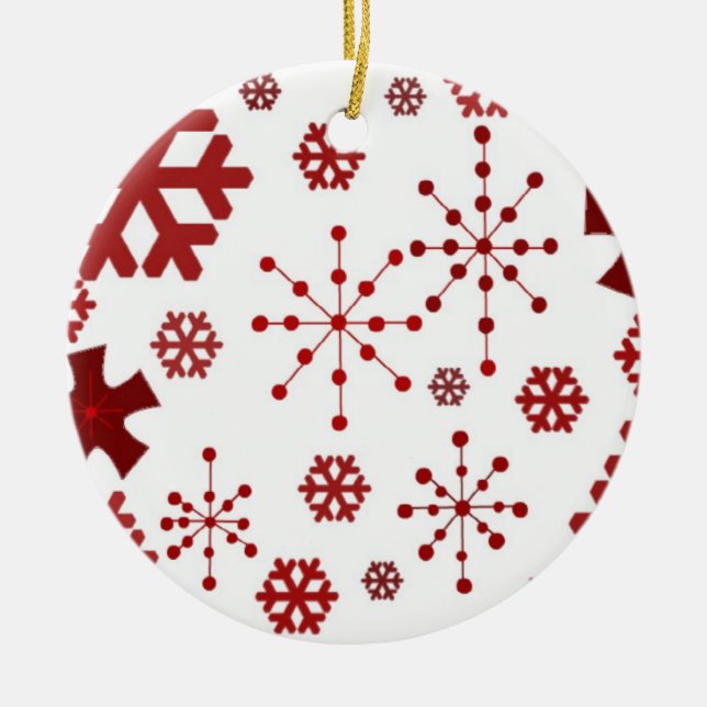 Red Holiday Snowflakes Ceramic Ornament (Front)