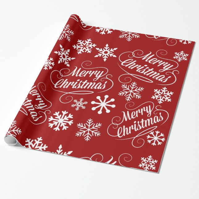 Red Holiday Snowflakes Merry Christmas Gift Wrap (Unrolled)