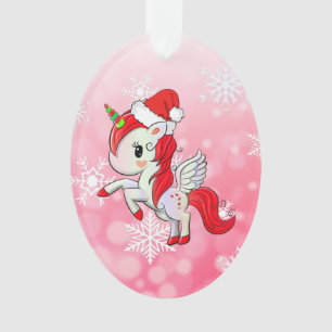 Red Holiday Unicorn and Snowflakes Christmas Ornament