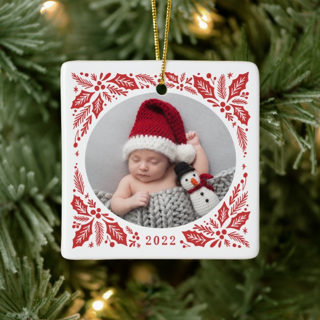 Red Holly 2 Photo with Year Christmas Ceramic Ornament (Tree)