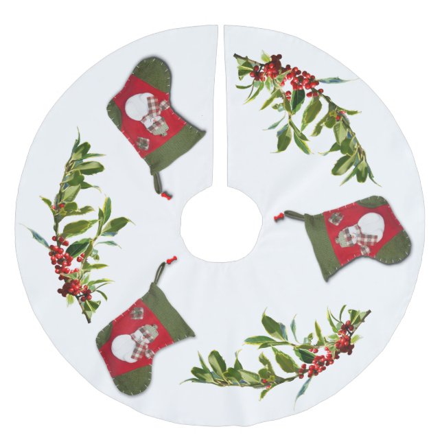 Red Holly Berries and Snowman Christmas Stocking Brushed Polyester Tree Skirt (Front)