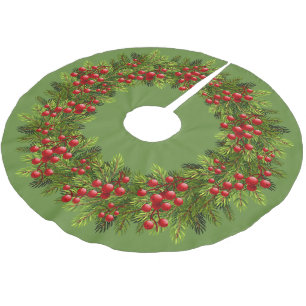 Red Holly Berries Green Pine Tree Needles Motif Brushed Polyester Tree Skirt