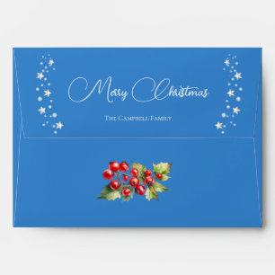 Red Holly Berries on Blue with Stars Christmas Envelope