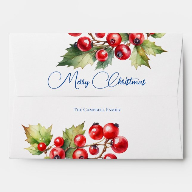 Red Holly Berries on White Christmas Card Envelope (Back (Top Flap))