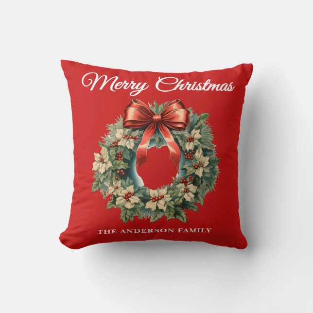 Red Holly Berry Christmas Wreath Throw Pillow (Front)