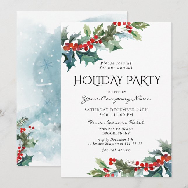 Red Holly Berry CORPORATE Christmas Holiday Party Invitation (Front/Back)