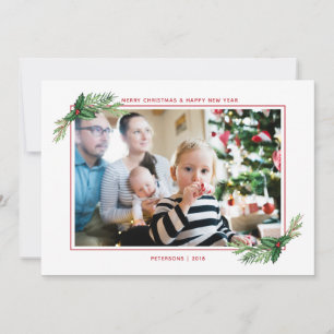 Red Holly Bouquet Merry Christmas Family Photo Holiday Card