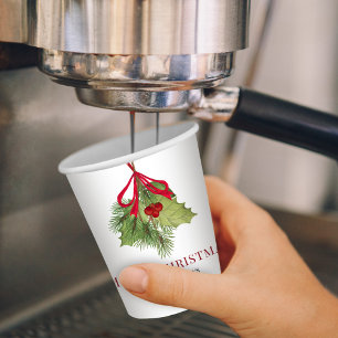 Red Holly Greenery Merry Christmas Custom Paper Cups