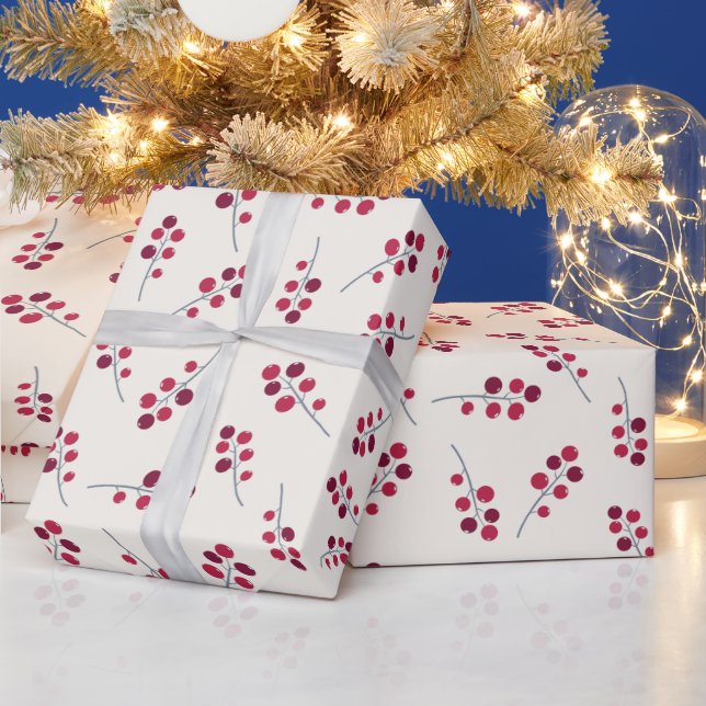 Red Holly Pip Berries Festive Holiday Wrapping Paper (Holidays)
